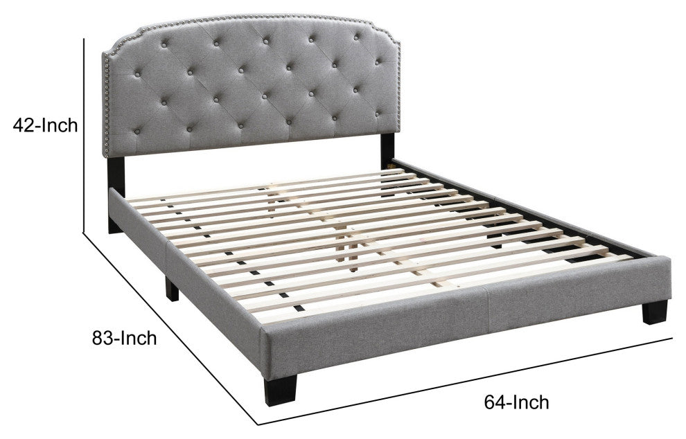 Benzara BM232033 Queen Bed With Button Tufted Scalloped Headboard, Light Gray