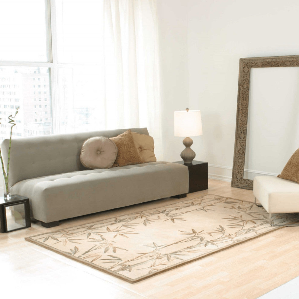 3' X 5' Ivory Bamboo Bordered Wool Indoor Area Rug