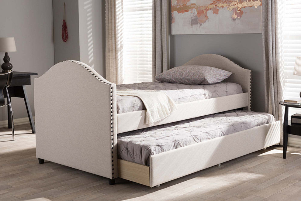 Sabrina Fabric Upholstered Daybed With Trundle Bed, Beige