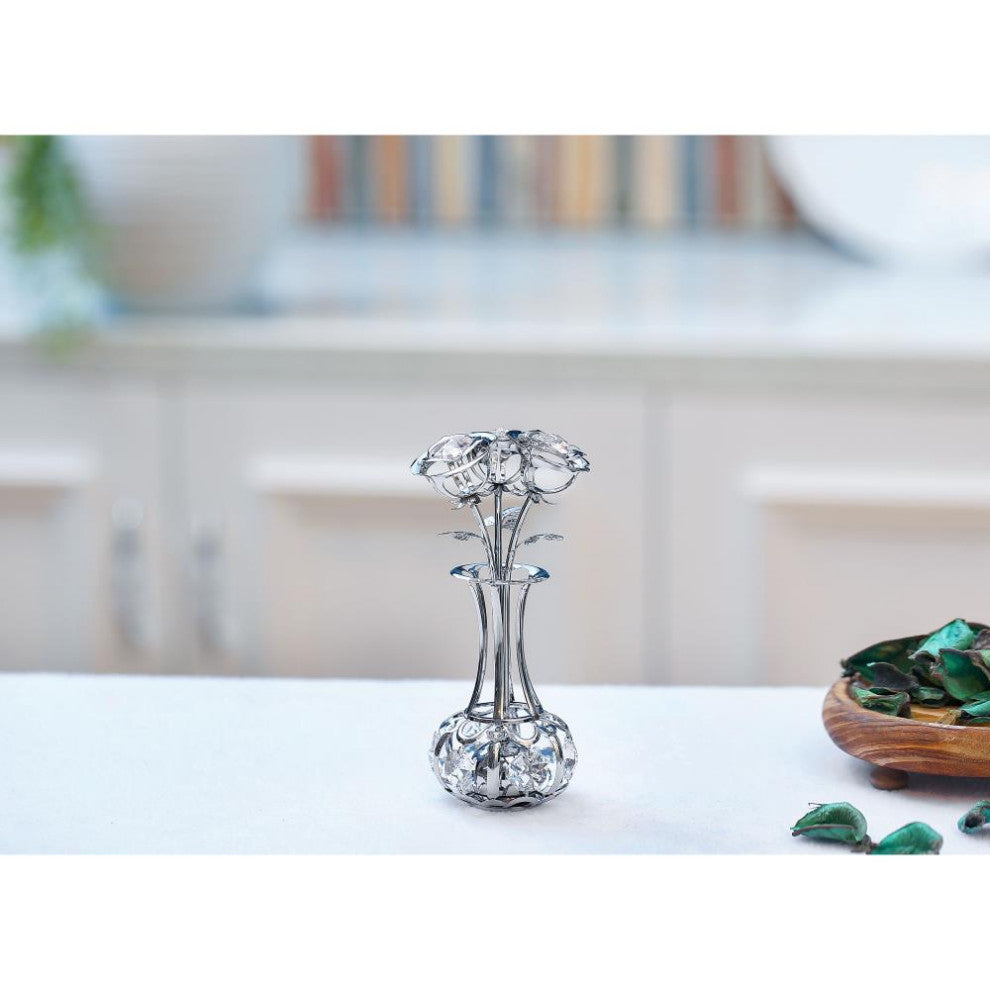 Chrome Plated Silver Flowers Bouquet and Vase With Pink and Clear Crystals