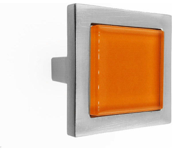 Persimmon Orange Crystal Glass Brushed Nickel Square Manor Knob