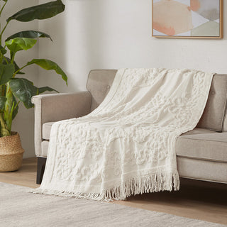 Madison Park Chloe Fringed Tufted Throw Blanket, Boho Pattern, White