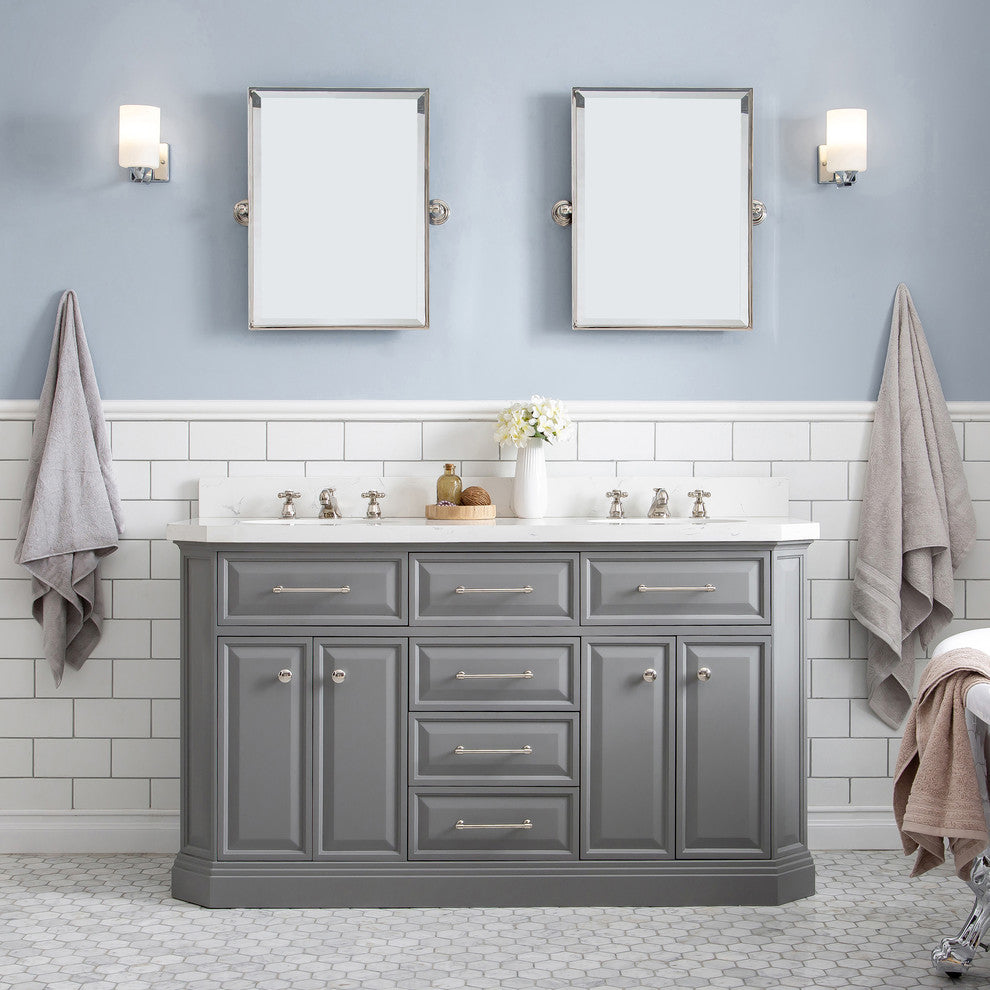 60" Palace Quartz Carrara Cashmere Gray Vanity With Polished Nickel Hardware