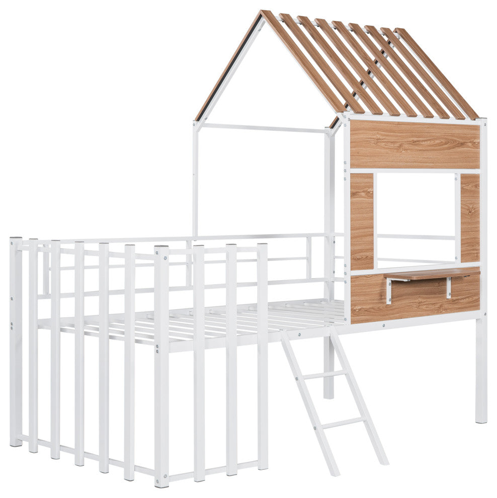 Gewnee Metal Twin Loft Bed with Roof, Window and Ladder in White