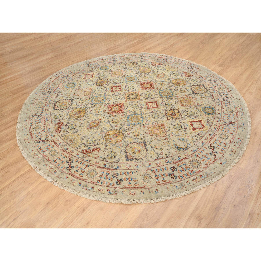 Beige, Wool and Pure Silk, Hand Knotted, Oriental, Round, Rug, 8'9" x 8'9"