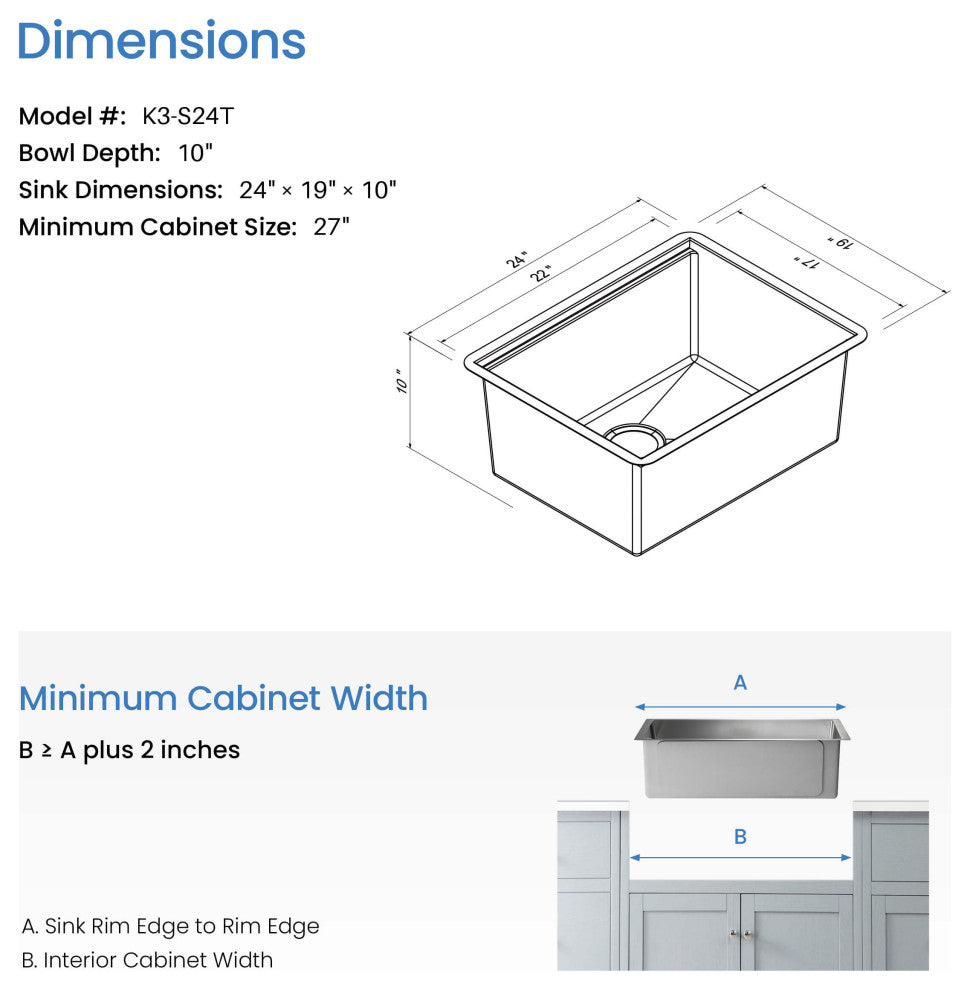 24"³ T-316 Stainless Steel Single Bowl Workstation Undermount Kitchen Sink