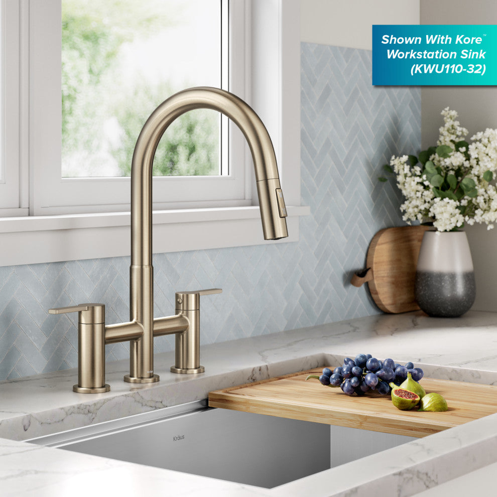 KRAUS Oletto 2-Function Pulldown 3-Hole Bridge Kitchen Faucet, Spot Free ACB