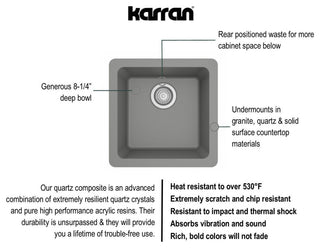 Karran Undermount Quartz Composite 17" Bar Single Bowl Sink, Grey
