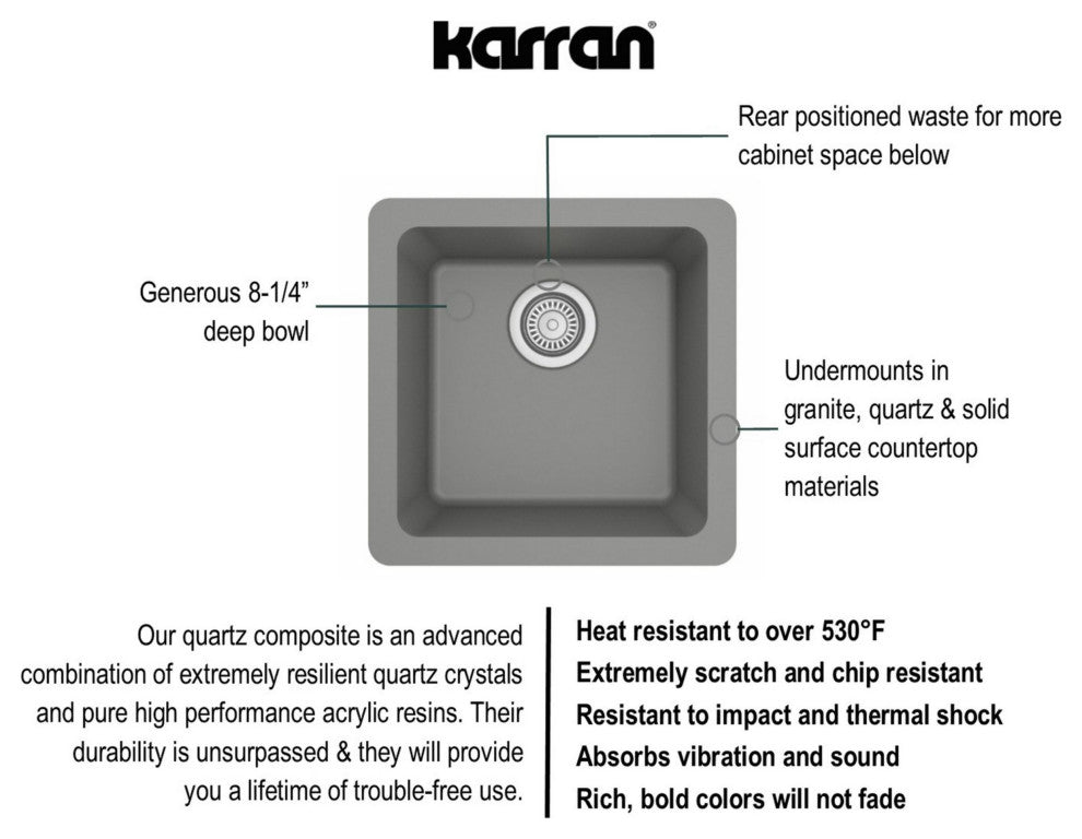 Karran Undermount Quartz Composite 17" Bar Single Bowl Sink, Grey