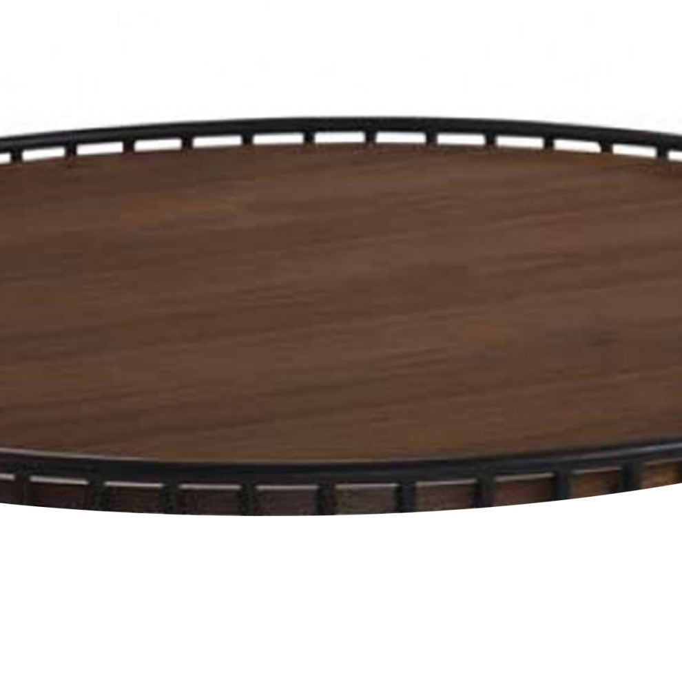 Benzara BM214790 Round Coffee Table with Vertical Slatted Base, Brown & Black
