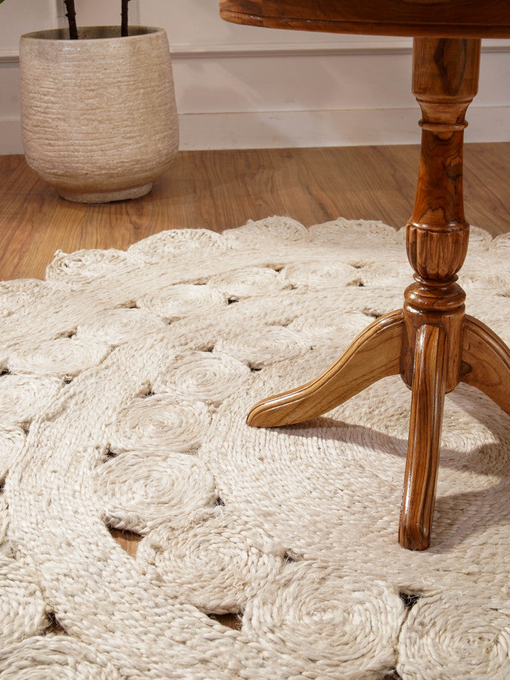 HAND WOVEN JUTE ECO-FRIENDLY AREA RUGS  - Round, White, Oriental, Indoor Outdoor, [Round] 6'7''x6'7''