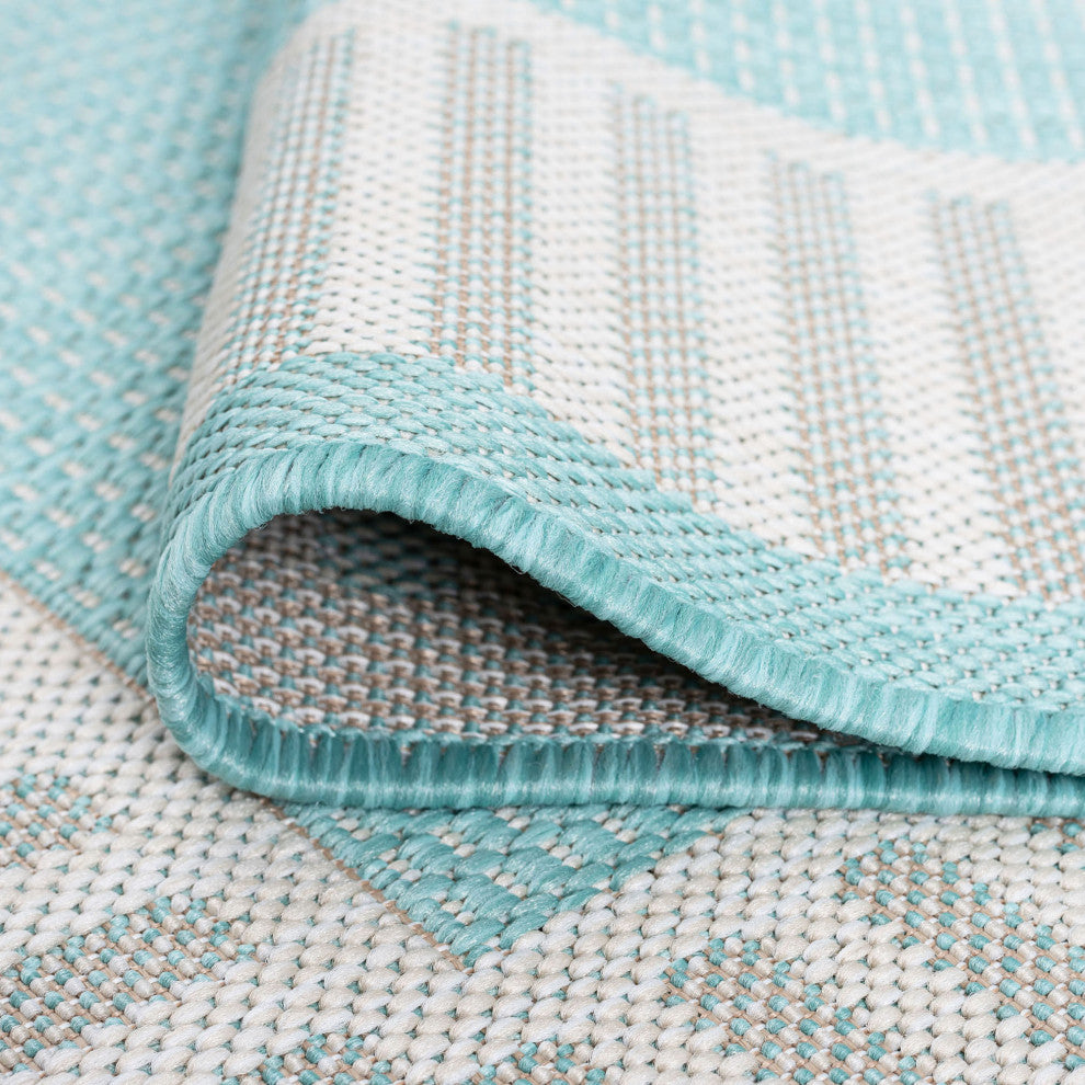 Elgin Transitional Striped Border Aqua/Cream Indoor/Outdoor Area Rug, 4'x5'