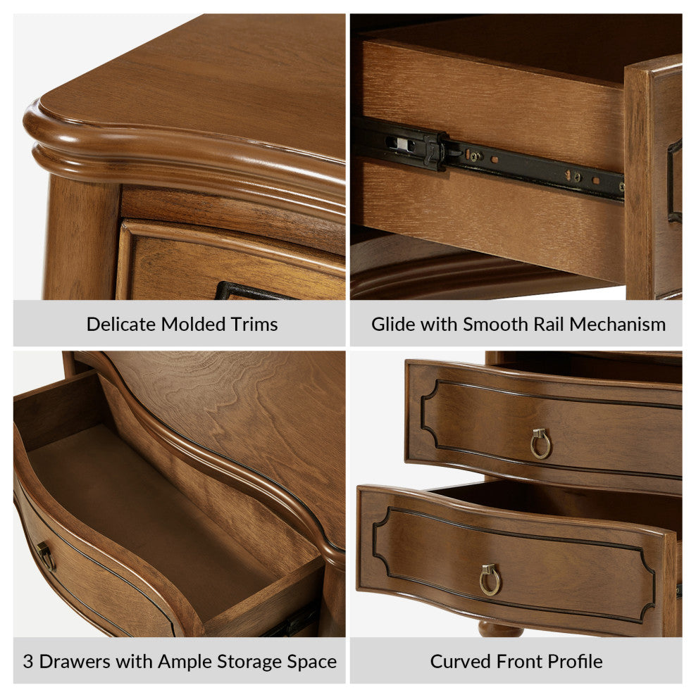 3-Drawer Nightstand With Solid Wood Legs & Built-In Outlets, Set of 2, Seadrift