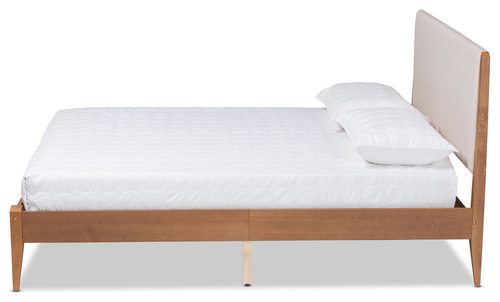 Amara Mid-Century Modern Fabric Upholstered Platform Bed, Queen, Beige