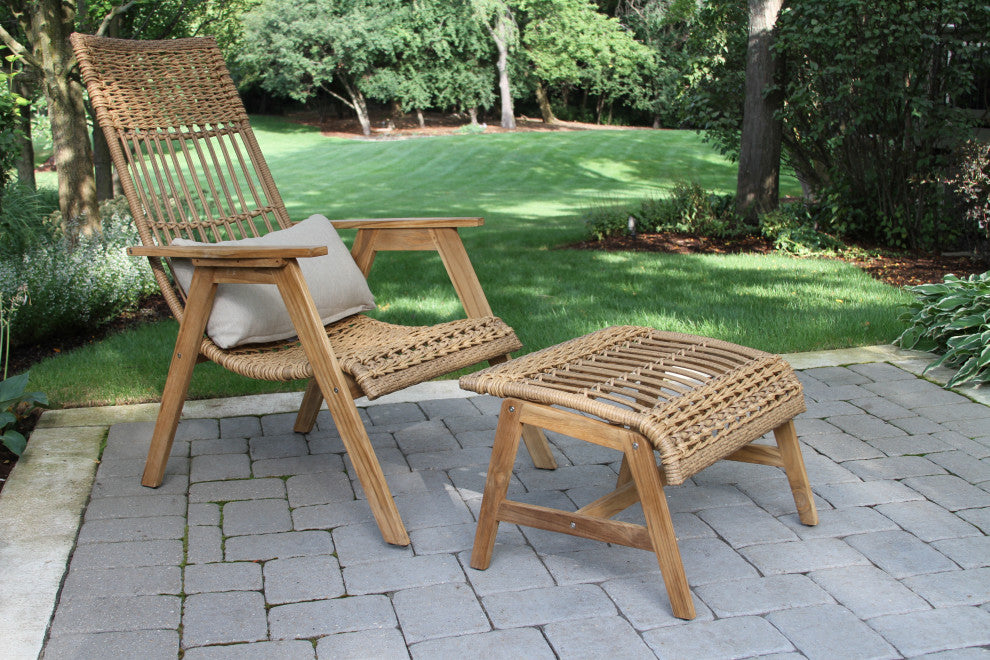 Teak And Wicker Basket Lounger Ottomans, Set of 2, Bohemian