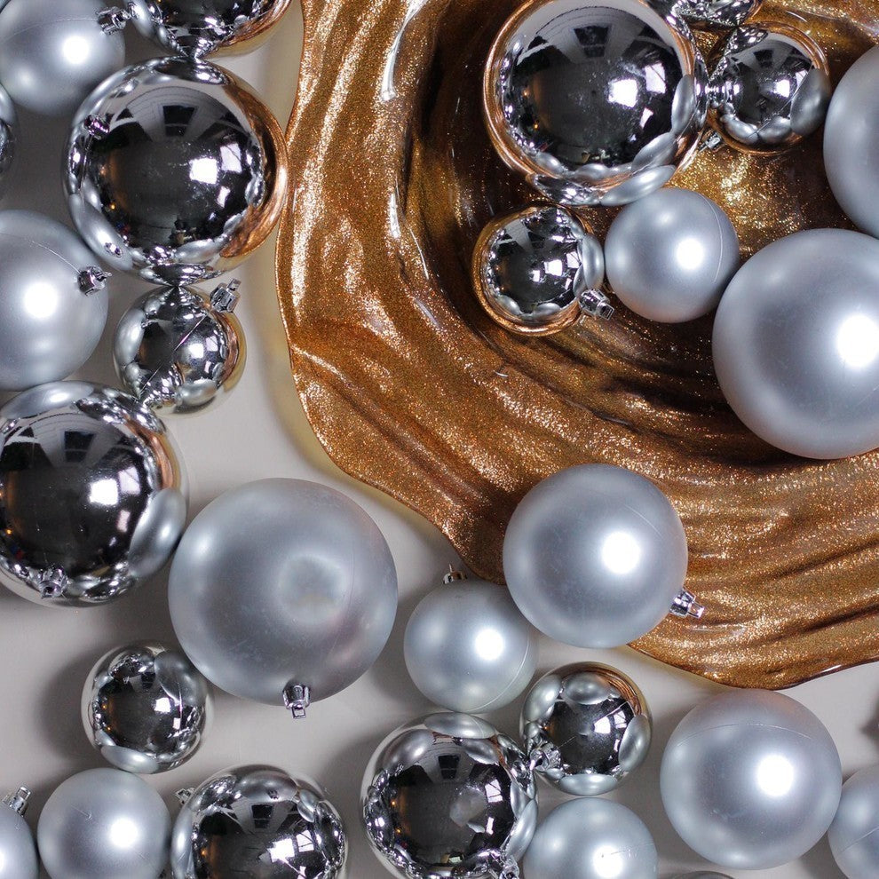 50-Piece Shiny and Matte Shatterproof Ornaments Set, 2.4"-3"-4", Silver Splendor