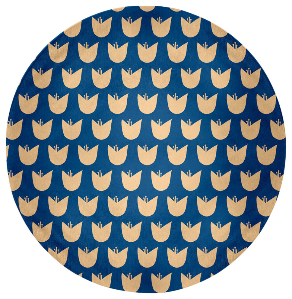Simple Tulip Design Spring Chenille Rug, Dark Cobalt Blue, 5' Round