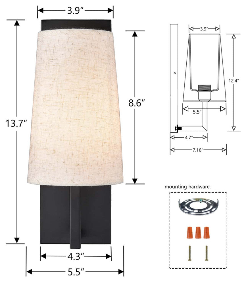 Black Wall Sconces Modern Fabric Shade Wall Lamps, Set of 2