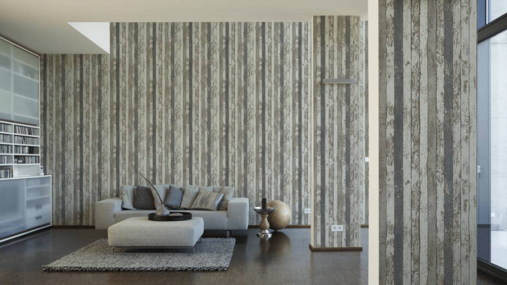 Faux Textured Wallpaper Wooden Stripes, Cream Gray Brown, Sample