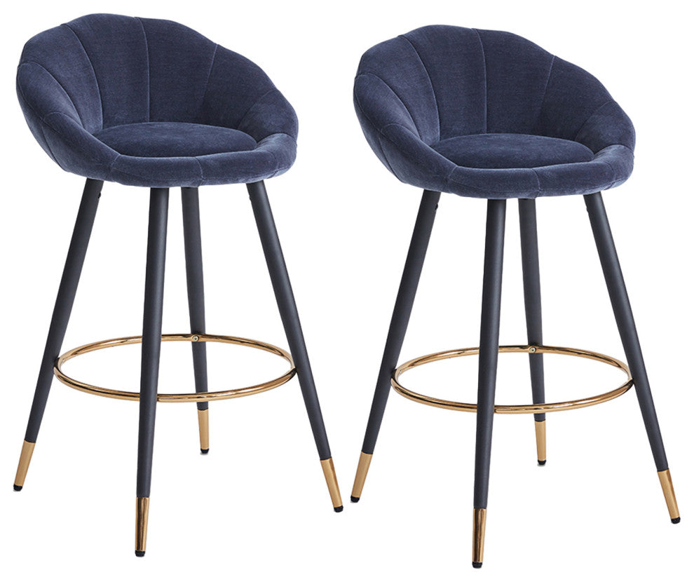 Set of 2 Blooming Flower Chenille Bar Stools, Darkblue