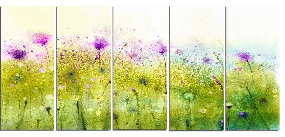 "Green Purple Abstract Cosmos of Flowers" Flower Wall Art, 5 Panels, 60"x28"