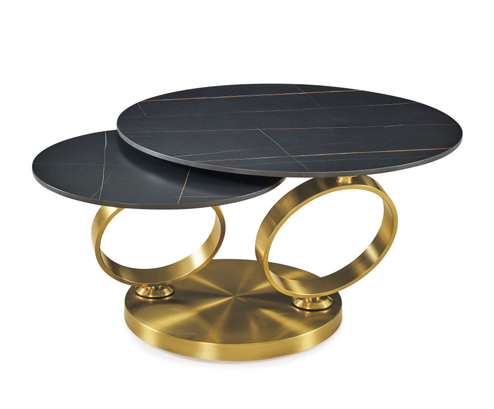 Motion Coffe Table With Ceramic Top and Gold Base, Black