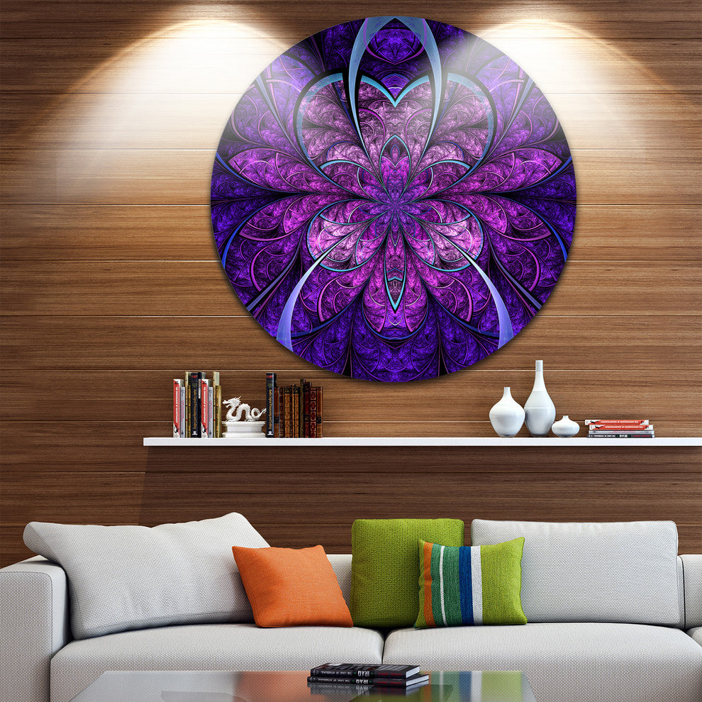 Blue And Purple Fractal Flower, Modern Floral Disc Metal Wall Art, 36"