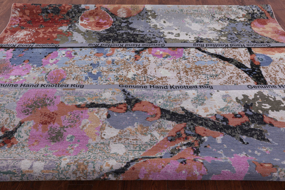 Modern Bird Design Hand Knotted Wool and Silk Rug 8' 11" X 12' 1" Q6831