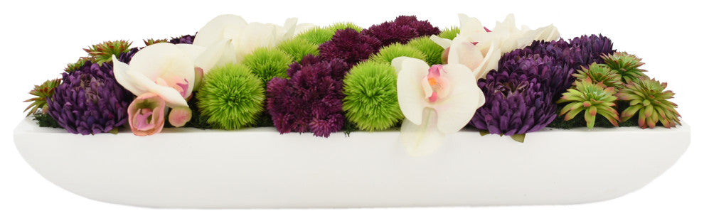 Creative Displays Arrangement, Orchids, Cactus, Sedum, and Mums, White Planter
