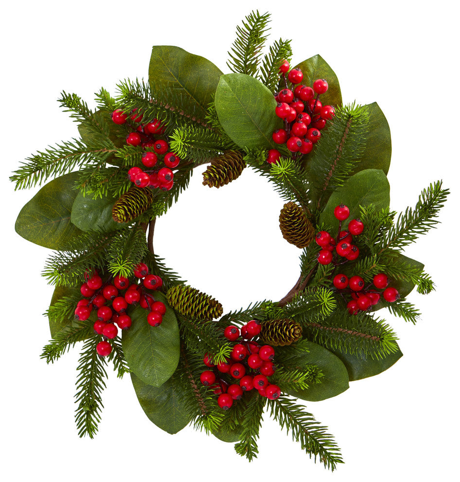 Nearly Natural 19" Magnolia Leaf, Berry and Pine Artificial Wreath