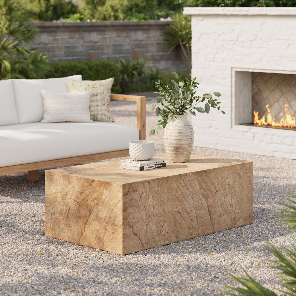 Jordana Square Plinth Indoor Concrete Coffee Table, Travertine