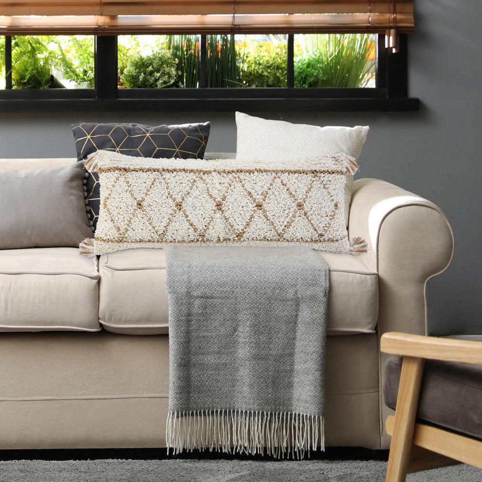 Ox Bay Handwoven White/Brown Diamond Cotton Blend Pillow Cover, 14"x36"