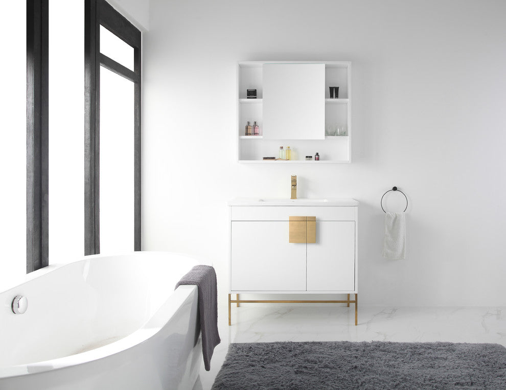Modern White Bathroom Vanity Set, Satin Brass Hardware, Vireous China Sink Top