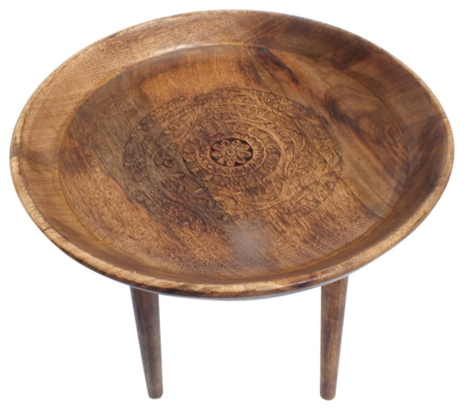 Round Wooden Folding Table With Burn Finish, Brown