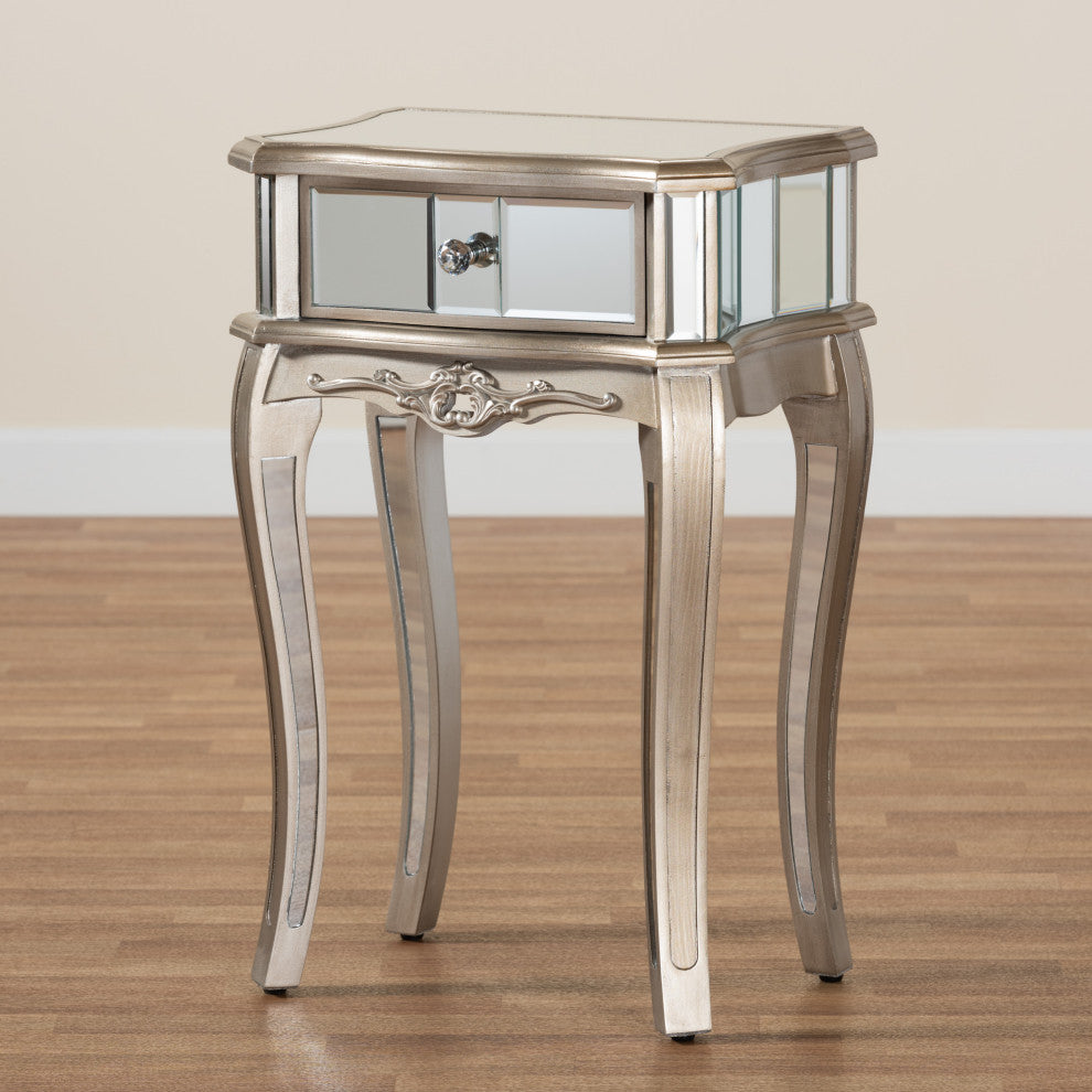 Elgin Brushed Silver Finished Wood and Mirrored Glass 1-Drawer Nightstand