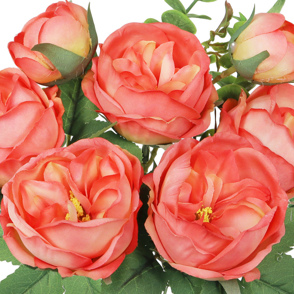 Set of 4 Coral Artificial Cabbage Rose Flower Stem Bush Bouquet 13