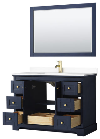 Avery 48, Single Vanity, Dark Blue, White Marble Top, SQ Sink, 46, Mirror