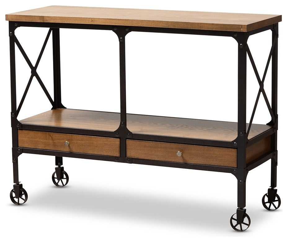 Industrial Style Wood and Dark Bronze Wheeled Console Table With Drawers