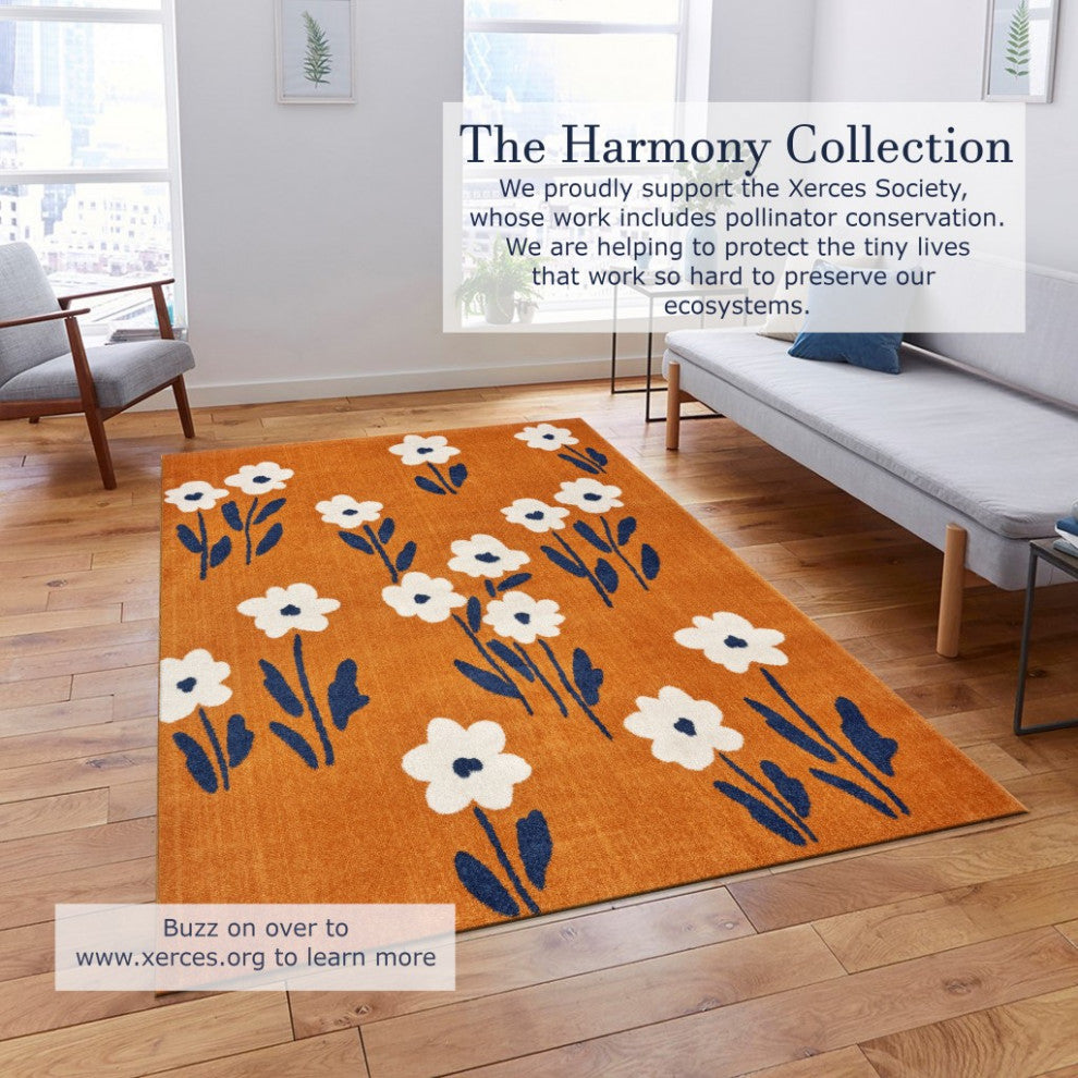 8" x 9" Orange and Ivory Flower Field Area Rug