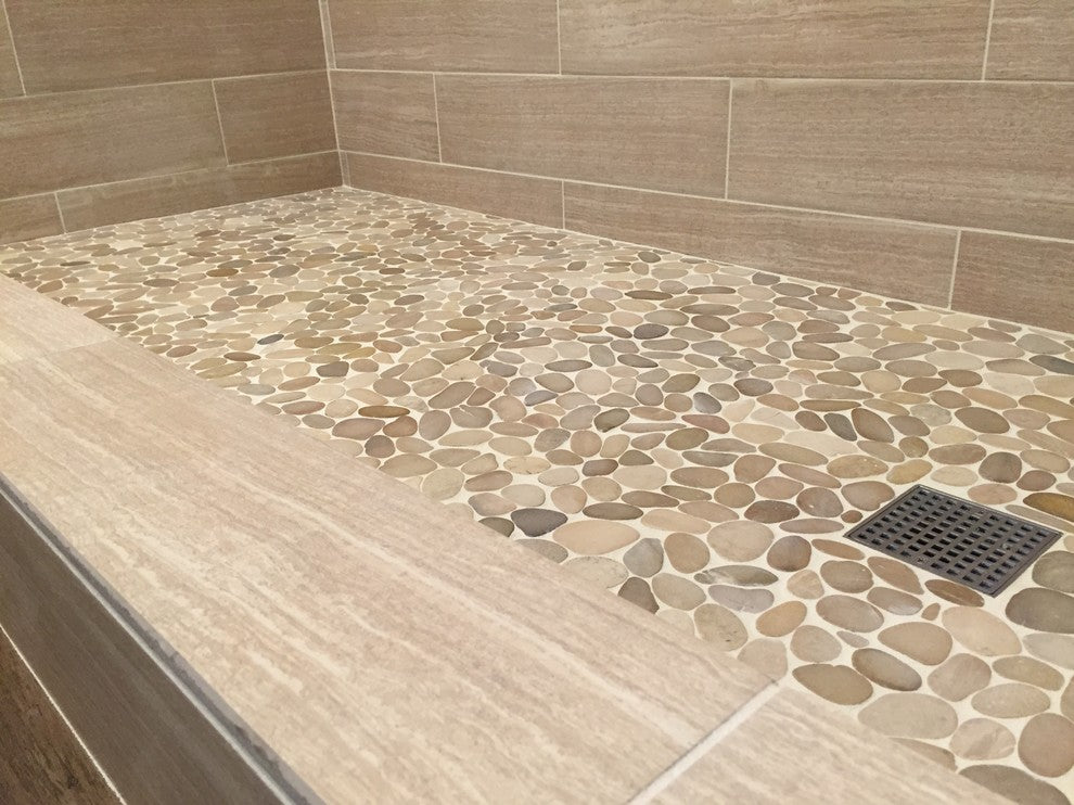 Hand-Sorted River Stone Mosaic - Sliced Black Pebble Tile, 12x12 Sheet