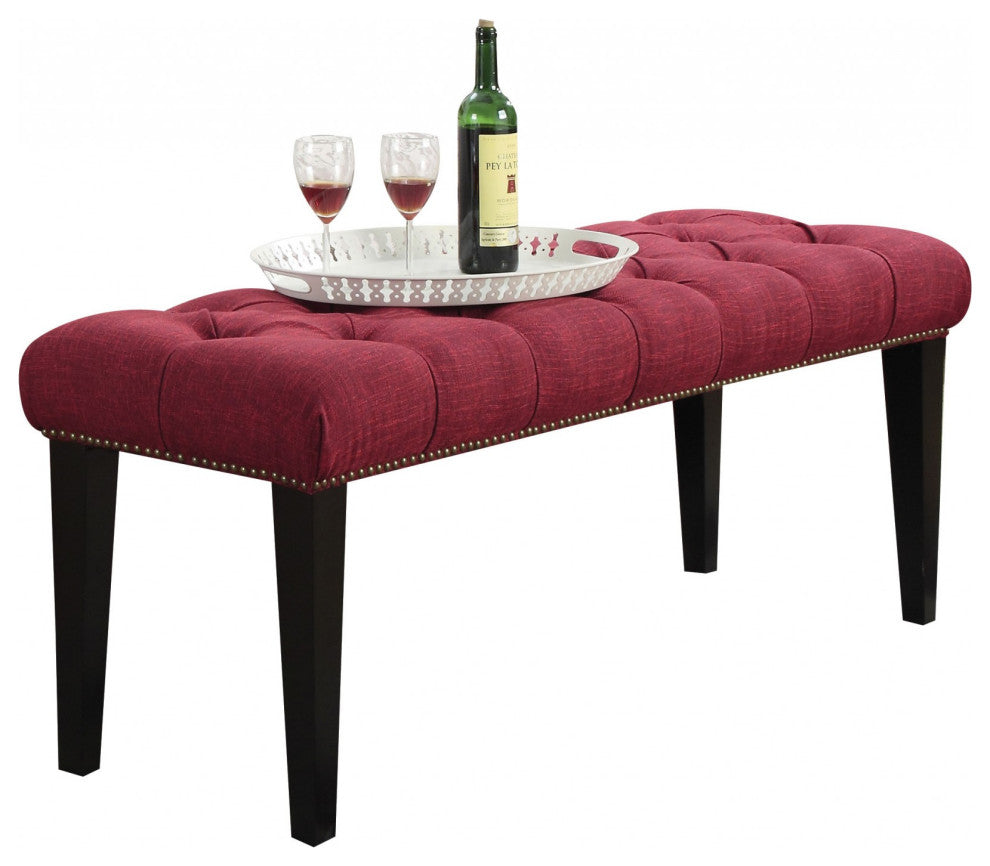 55"x17"x21" Red Linen and Espresso Bench
