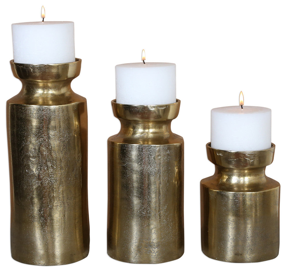 Rustic Antique Style Brass Pillar Candle Holder Set 3 | Classic Traditional Gold