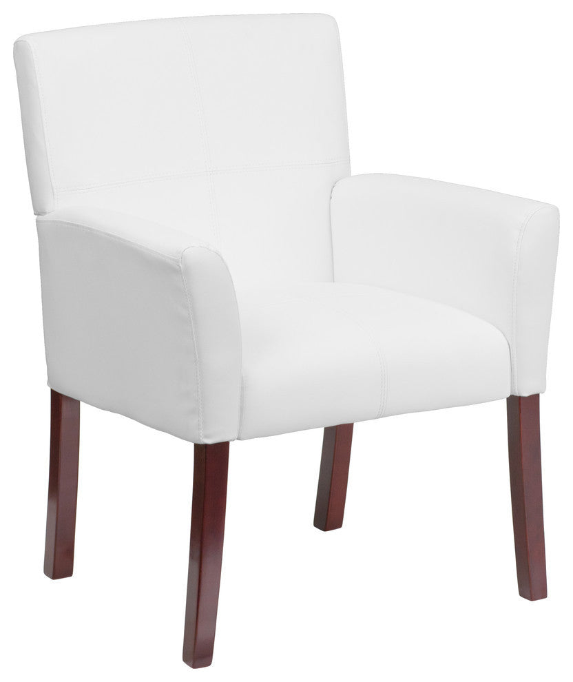 White Leather Executive Side Reception Chair With Mahogany Legs
