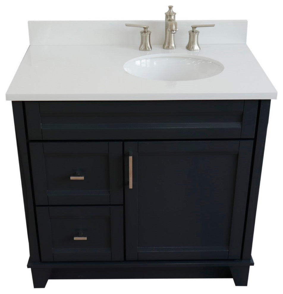 37" Single Sink Vanity, Dark Gray Finish With White Engineered Stone Top