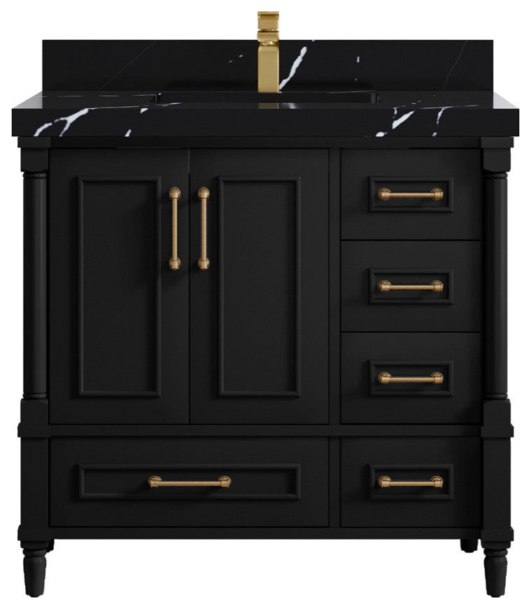Aberdeen 36 Center Sink Bath Vanity In Black 2" Calacatta Black