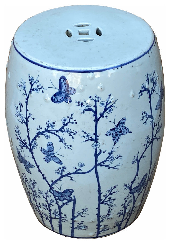 Chinese Blue & White Porcelain Round Flower Butterflies Table Stool Hcs7003