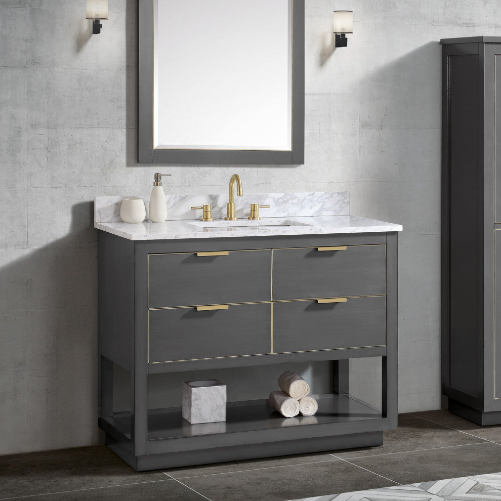 Avanity Allie 43 In. Vanity, Twilight Gray/ Gold, Natural 1" Carrara White Marble Countertop and Backsplash