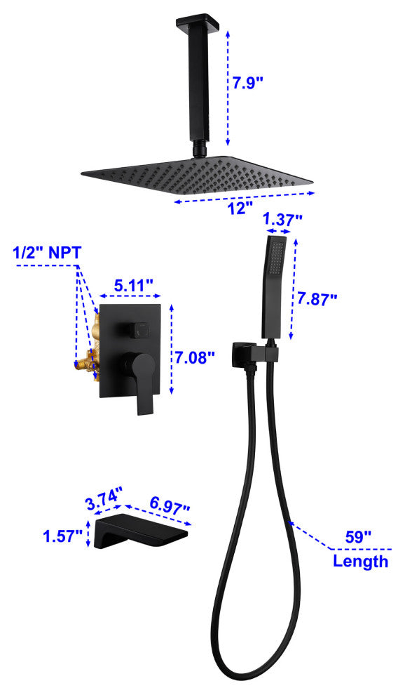 Wellfor Shower System, Ceiling Rain Shower Head With Handheld Combo Set