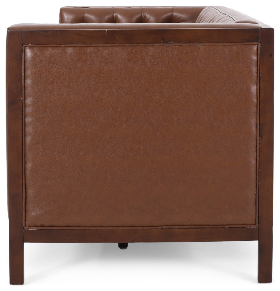 Elias Faux Leather Tufted 3 Seater Sofa, Cognac + Espresso
