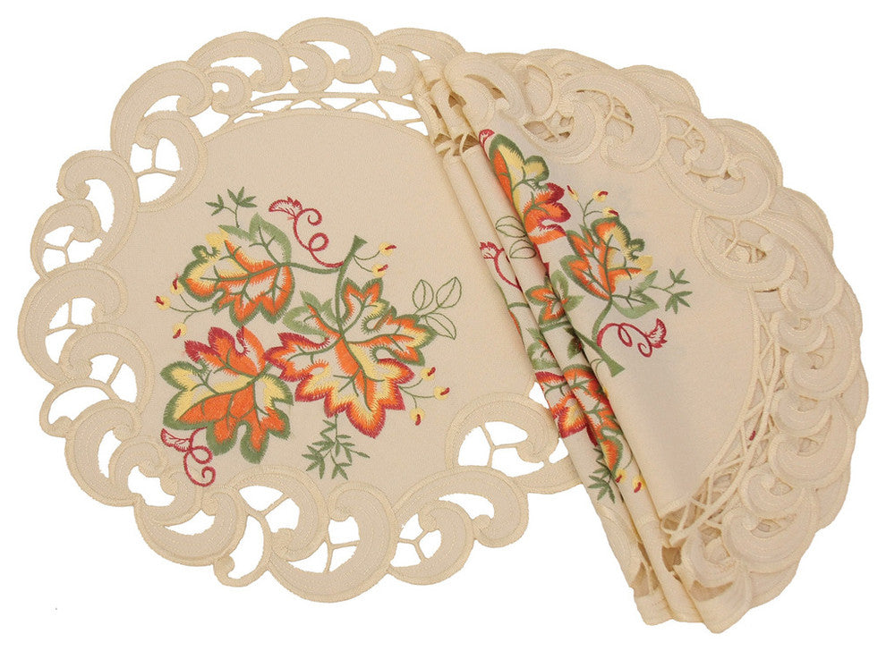 Thankful Leaf Embroidered Cutwork Fall Doilies, 16", Set of 4